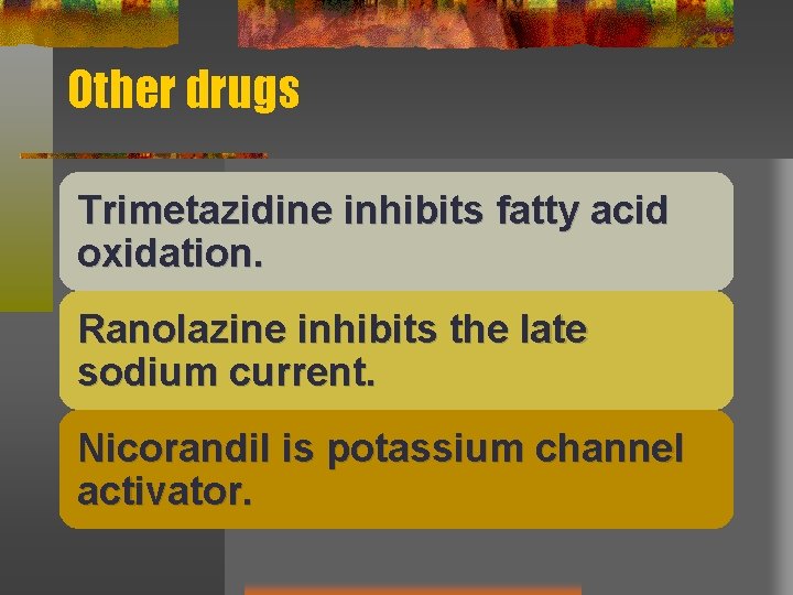 Other drugs Trimetazidine inhibits fatty acid oxidation. Ranolazine inhibits the late sodium current. Nicorandil