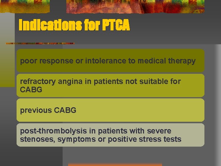 Indications for PTCA poor response or intolerance to medical therapy refractory angina in patients