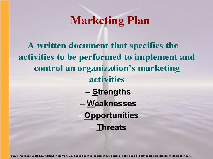 Marketing Plan A written document that specifies the activities to be performed to implement