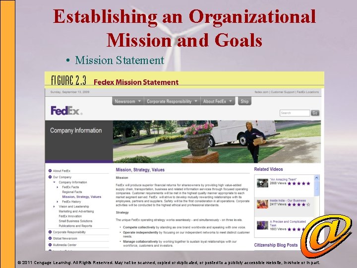 Establishing an Organizational Mission and Goals • Mission Statement © 2011 Cengage Learning. All