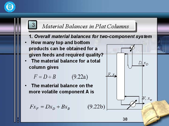 3 Material Balances in Plat Columns 1. Overall material balances for two-component system •