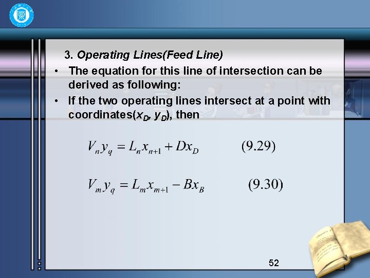 3. Operating Lines(Feed Line) • The equation for this line of intersection can be