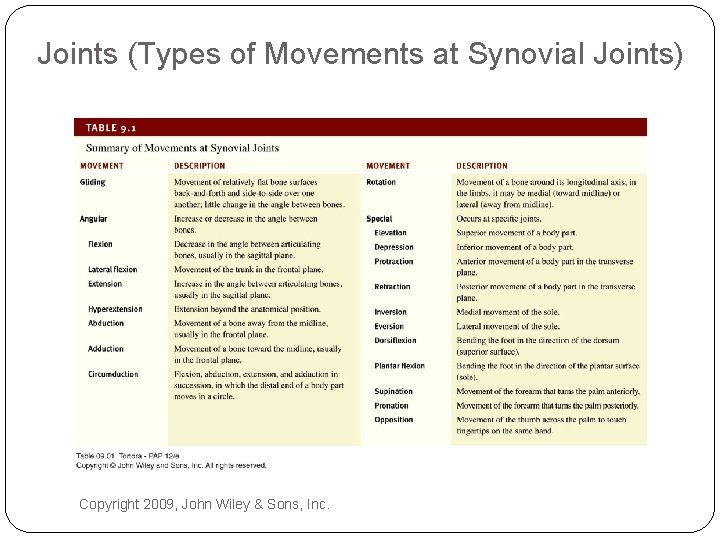 Joints (Types of Movements at Synovial Joints) Copyright 2009, John Wiley & Sons, Inc.