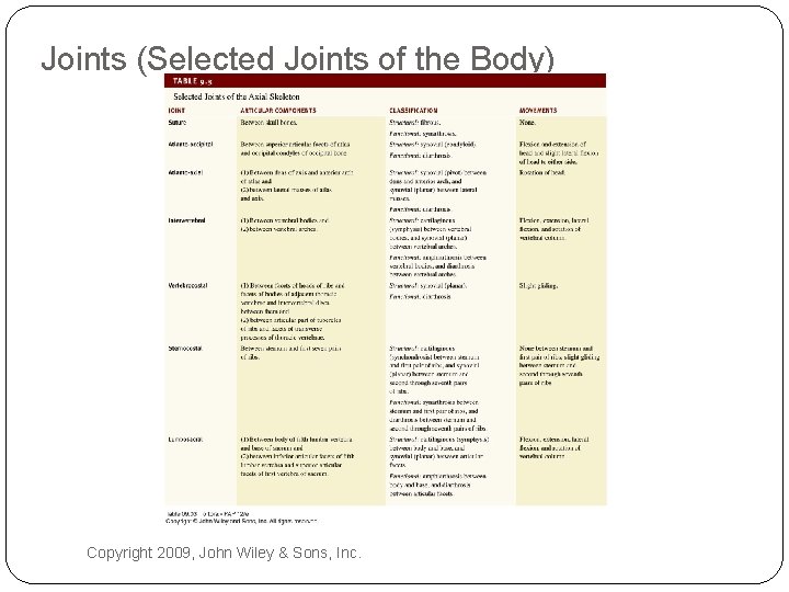 Joints (Selected Joints of the Body) Copyright 2009, John Wiley & Sons, Inc. 