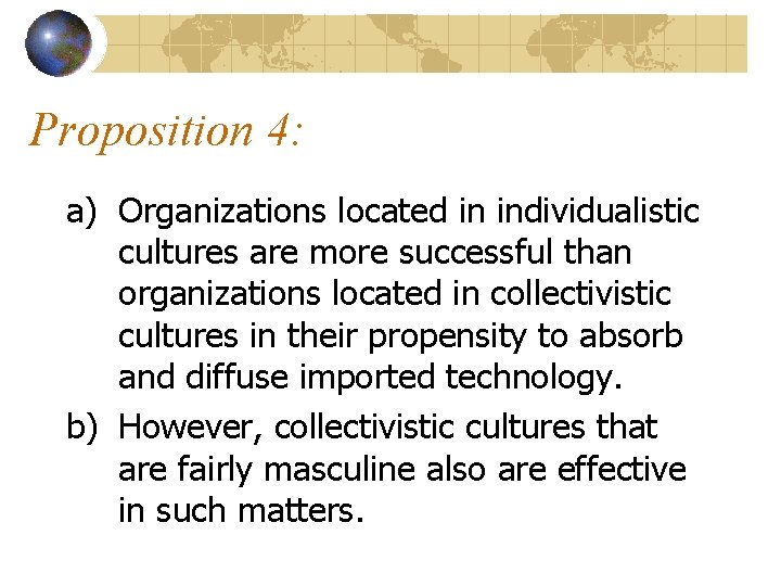 Proposition 4: a) Organizations located in individualistic cultures are more successful than organizations located