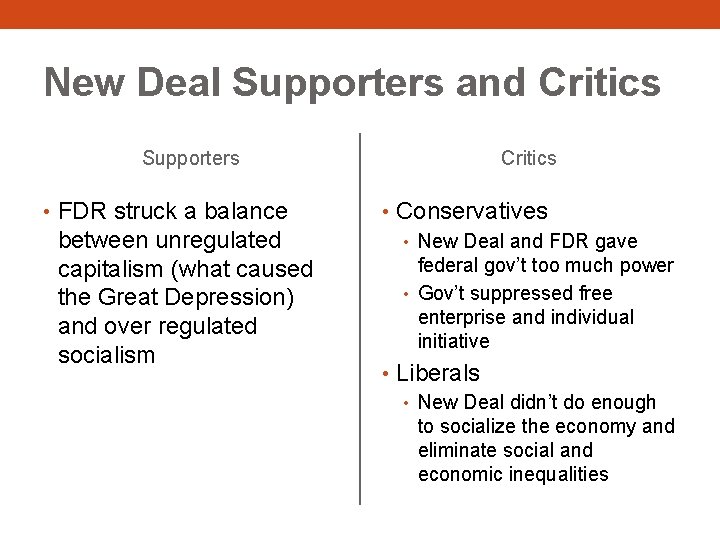 New Deal Supporters and Critics Supporters • FDR struck a balance between unregulated capitalism