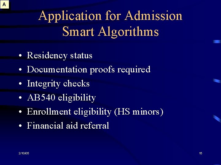 A Application for Admission Smart Algorithms • • • Residency status Documentation proofs required