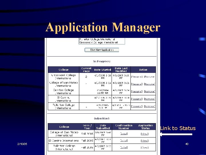 Application Manager Link to Status 2/10/05 40 