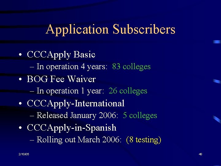 Application Subscribers • CCCApply Basic – In operation 4 years: 83 colleges • BOG