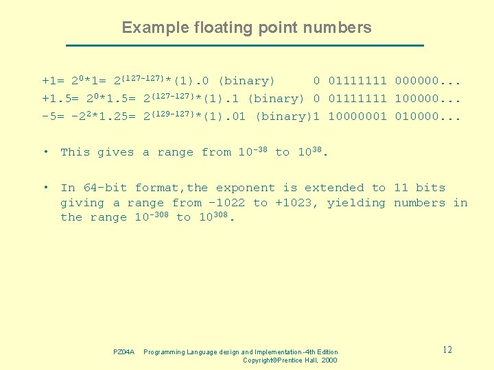 Example floating point numbers +1= 20*1= 2{127 -127}*(1). 0 (binary) 0 01111111 000000. .