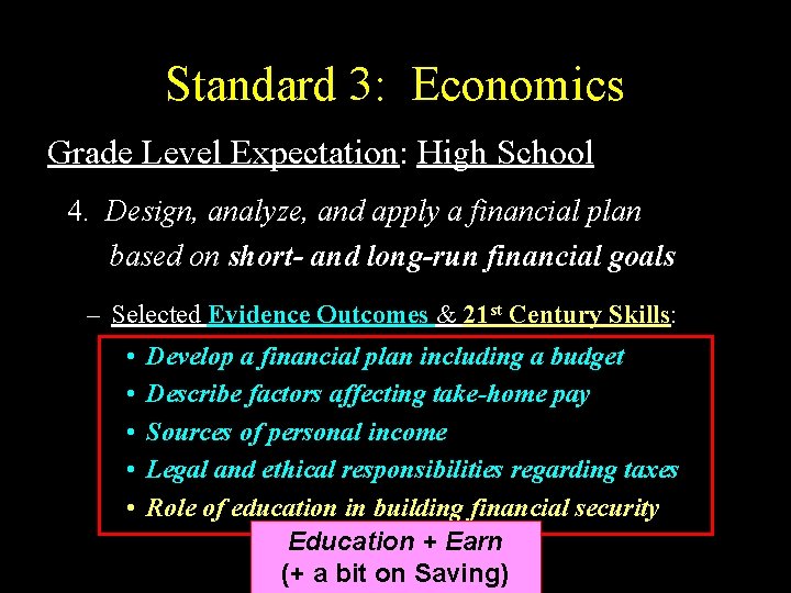 Standard 3: Economics Grade Level Expectation: High School 4. Design, analyze, and apply a