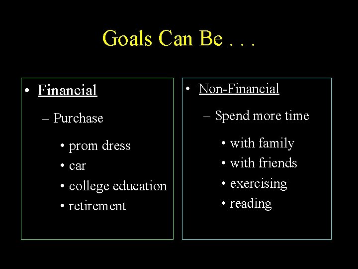 Goals Can Be. . . • Financial – Purchase • prom dress • car