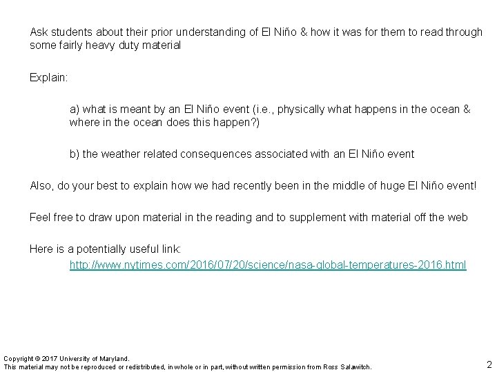 Ask students about their prior understanding of El Niño & how it was for