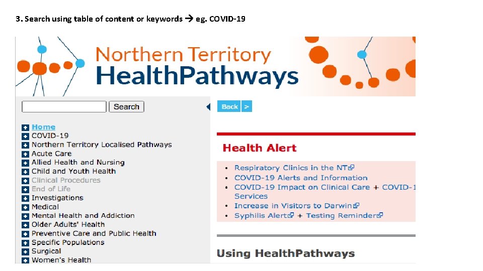 3. Search using table of content or keywords eg. COVID-19 3. Search using table of content or keywords eg. COVID-19