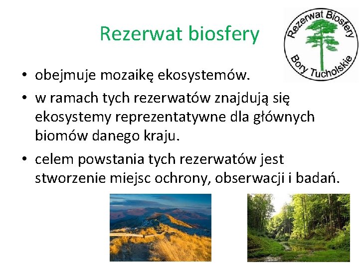 Rezerwat biosfery • obejmuje mozaikę ekosystemów. • w ramach tych rezerwatów znajdują się ekosystemy