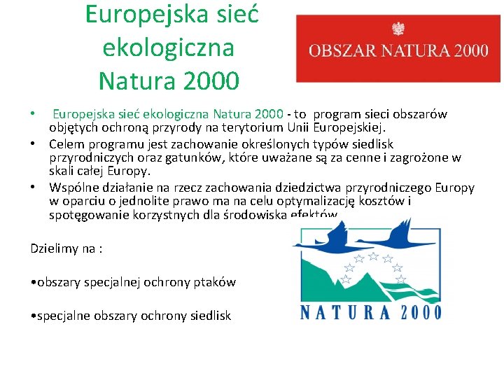 Europejska sieć ekologiczna Natura 2000 - to program sieci obszarów objętych ochroną przyrody na