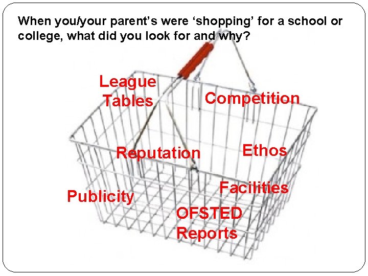 When you/your parent’s were ‘shopping’ for a school or college, what did you look