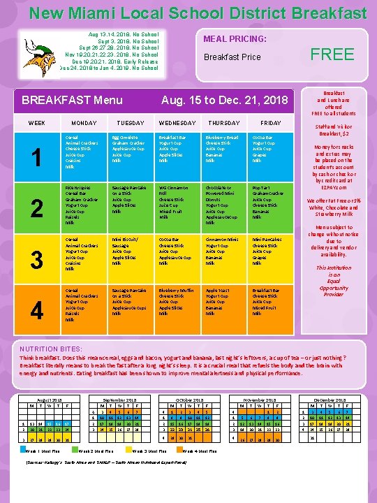 New Miami Local School District Breakfast Aug 13, 14, 2018, No School Sept 3,