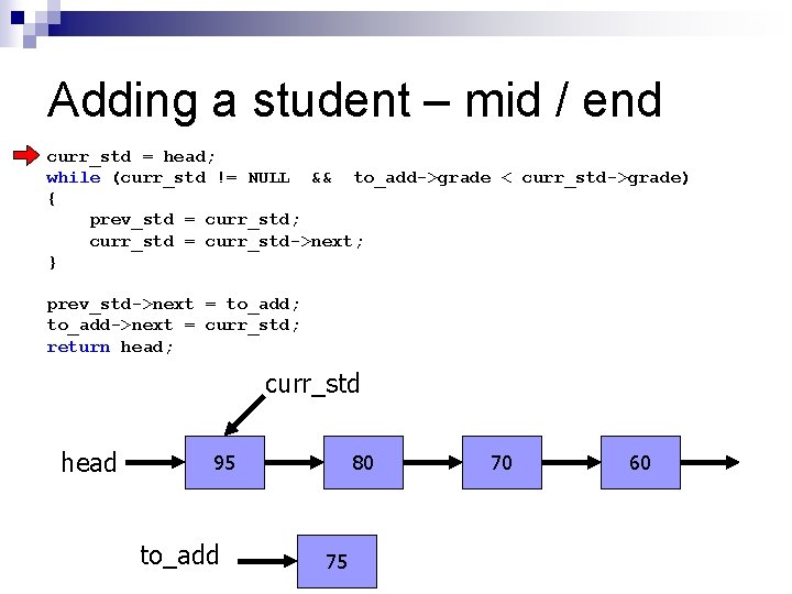 Adding a student – mid / end curr_std = head; while (curr_std != NULL