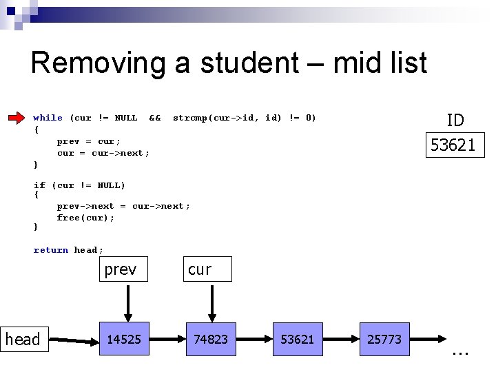 Removing a student – mid list while (cur != NULL && { prev =