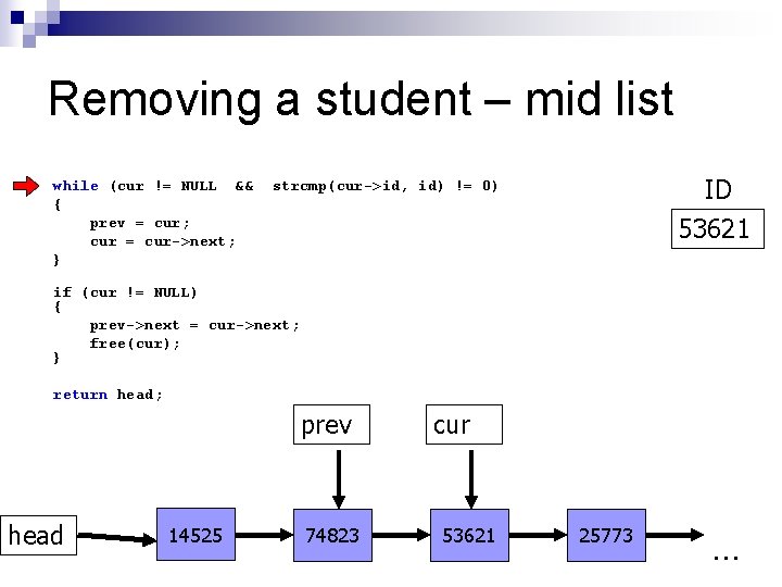 Removing a student – mid list while (cur != NULL && { prev =