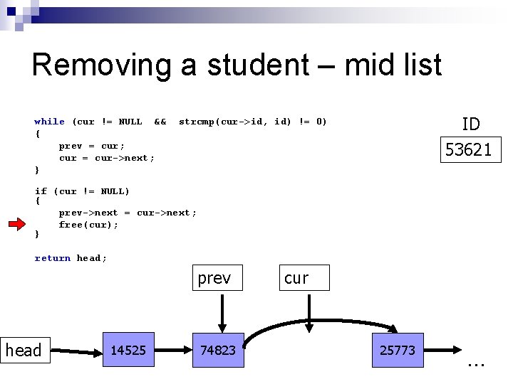 Removing a student – mid list while (cur != NULL && { prev =