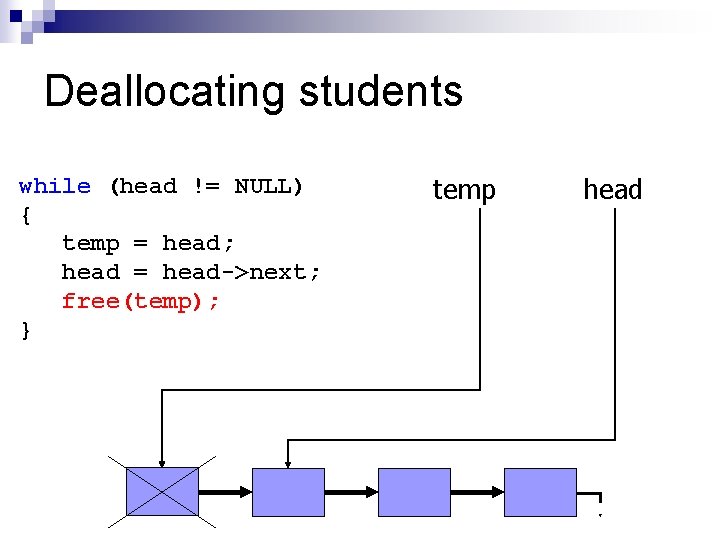 Deallocating students while (head != NULL) { temp = head; head = head->next; free(temp);