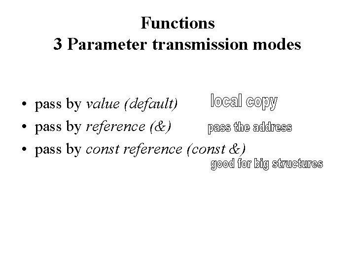 Functions 3 Parameter transmission modes • pass by value (default) • pass by reference