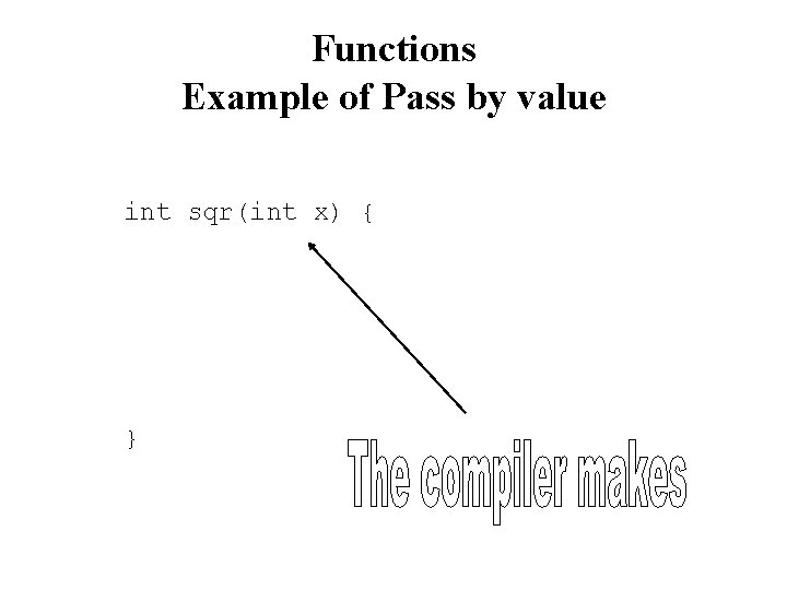 Functions Example of Pass by value int sqr(int x) { } 