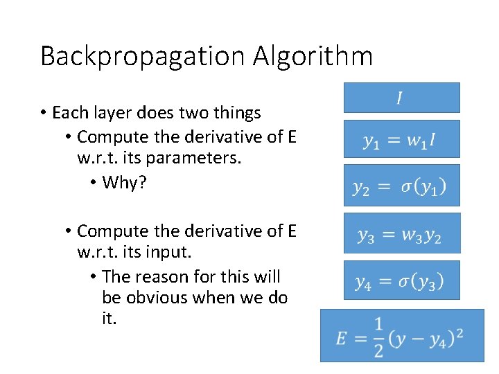 Backpropagation Algorithm • Each layer does two things • Compute the derivative of E