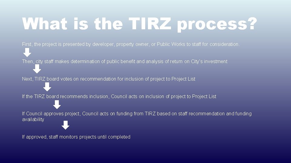 What is the TIRZ process? First, the project is presented by developer, property owner,