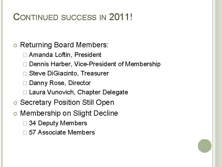 CONTINUED SUCCESS IN 2011! Returning Board Members: � Amanda Loftin, President � Dennis Harber,