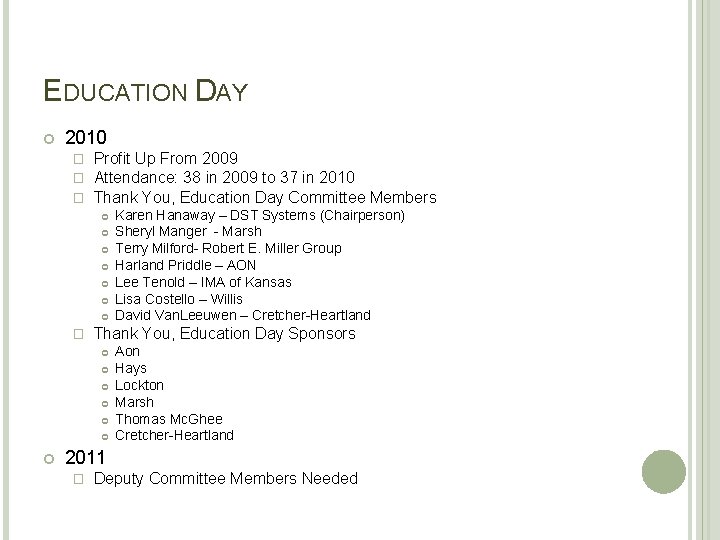 EDUCATION DAY 2010 � � � Profit Up From 2009 Attendance: 38 in 2009