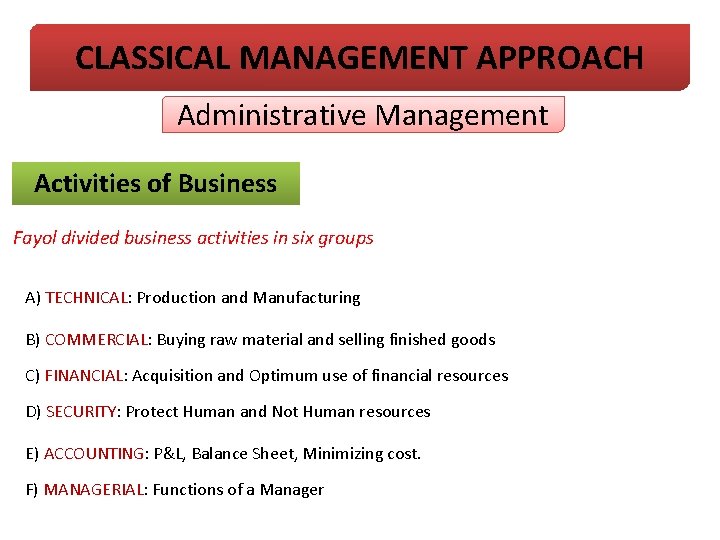 CLASSICAL MANAGEMENT APPROACH Administrative Management Activities of Business Fayol divided business activities in six