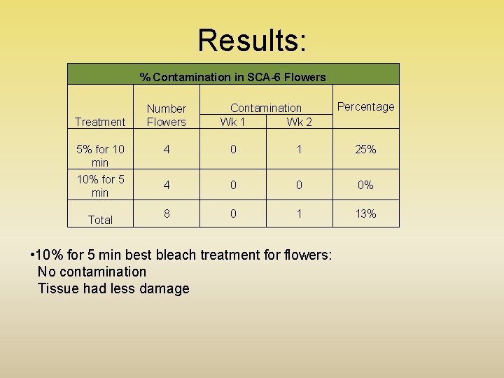 Results: % Contamination in SCA-6 Flowers Treatment Number Flowers Contamination Wk 1 Wk 2
