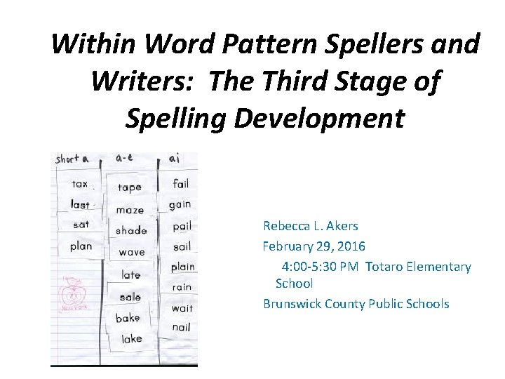 Within Word Pattern Spellers and Writers: The Third Stage of Spelling Development Rebecca L.