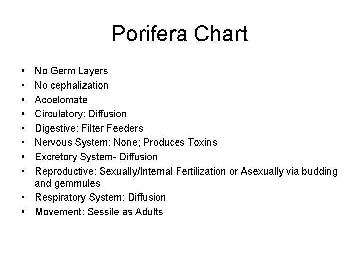 Porifera Chart • • No Germ Layers No cephalization Acoelomate Circulatory: Diffusion Digestive: Filter