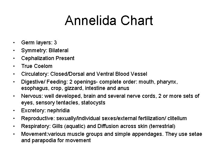 Annelida Chart • • • Germ layers: 3 Symmetry: Bilateral Cephalization Present True Coelom