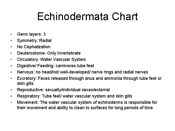 Echinodermata Chart • • • Germ layers: 3 Symmetry: Radial No Cephalization Deuterostome- Only