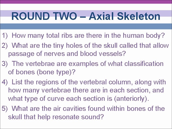 ROUND TWO – Axial Skeleton 1) How many total ribs are there in the