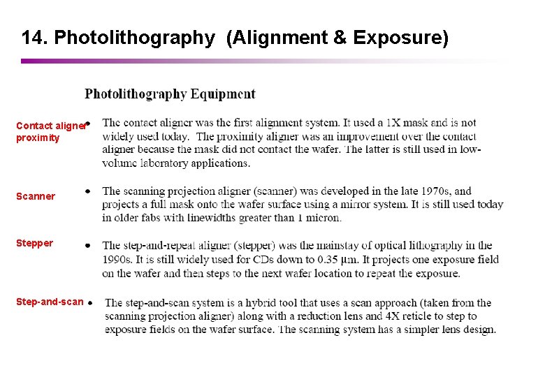 14. Photolithography (Alignment & Exposure) Contact aligner proximity Scanner Stepper Step-and-scan 
