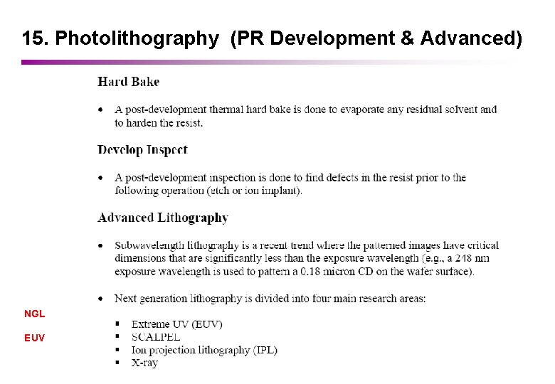 15. Photolithography (PR Development & Advanced) NGL EUV 