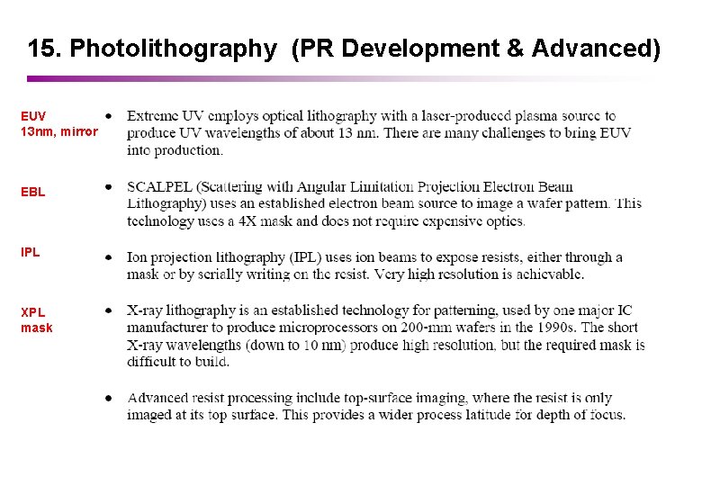 15. Photolithography (PR Development & Advanced) EUV 13 nm, mirror EBL IPL XPL mask