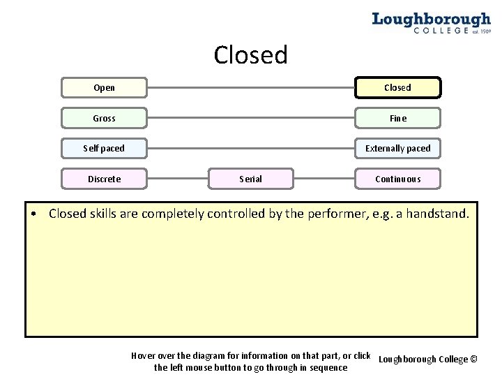 Closed Open Closed Gross Fine Self paced Externally paced Discrete Serial Continuous • Closed