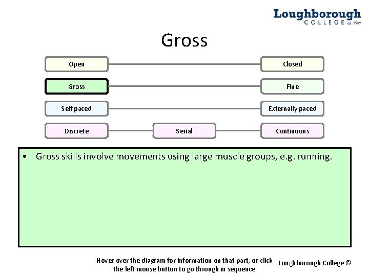 Gross Open Closed Gross Fine Self paced Externally paced Discrete Serial Continuous • Gross