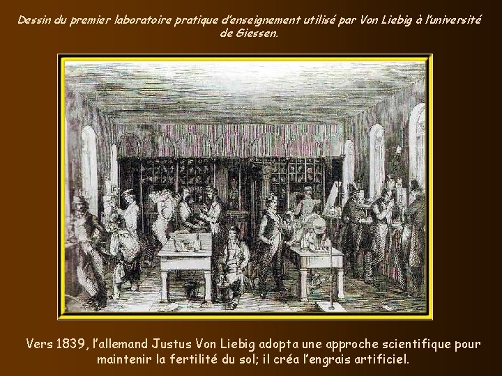 Dessin du premier laboratoire pratique d’enseignement utilisé par Von Liebig à l’université de Giessen.
