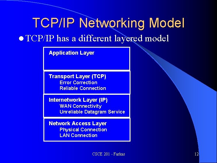 TCP/IP Networking Model l TCP/IP has a different layered model Application Layer Transport Layer