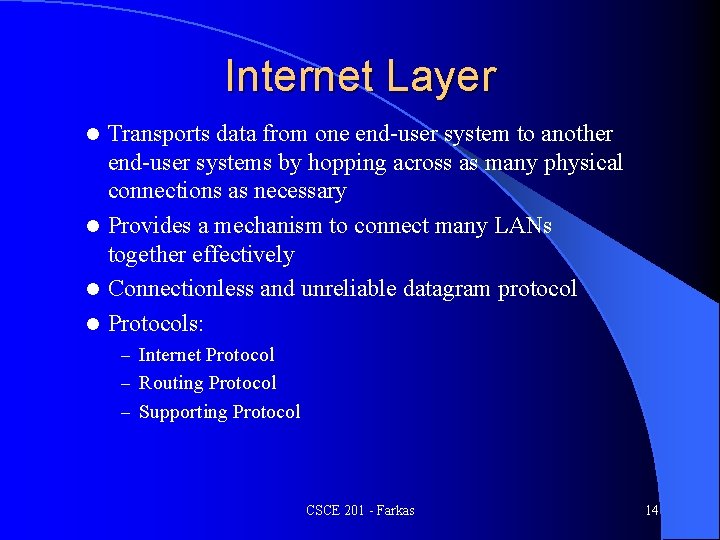 Internet Layer Transports data from one end-user system to another end-user systems by hopping