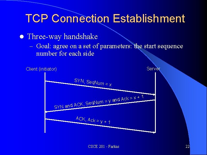 TCP Connection Establishment l Three-way handshake – Goal: agree on a set of parameters: