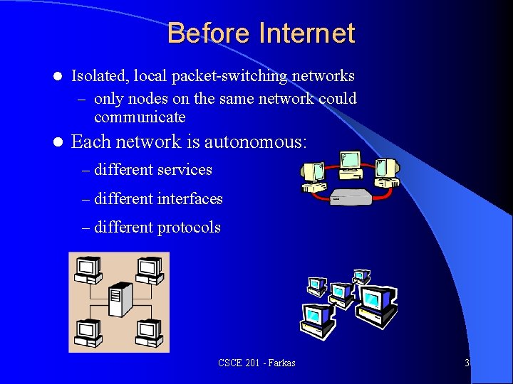 Before Internet l Isolated, local packet-switching networks – only nodes on the same network